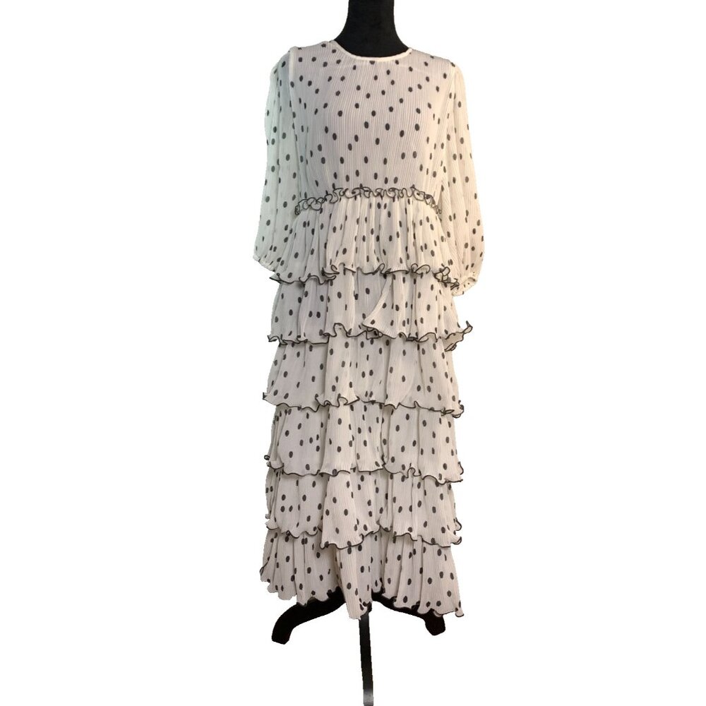 Ganni US 8 Polka Dot Tiered White Pleated Ruffle Recycled Poly Tea Dress NWT
